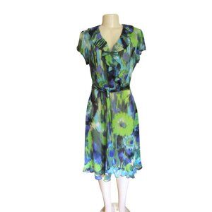Vintage J.B.S Sheer Blue/Green Ruffled Dress w Short Sleeves & Tie Belt in Sz 10